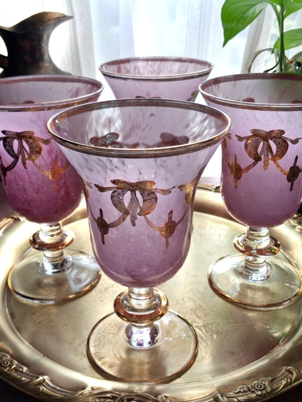 4 Arte Italica Interglass Rialto Borghese Pink Alabaster Wine Glasses 24K Gold
